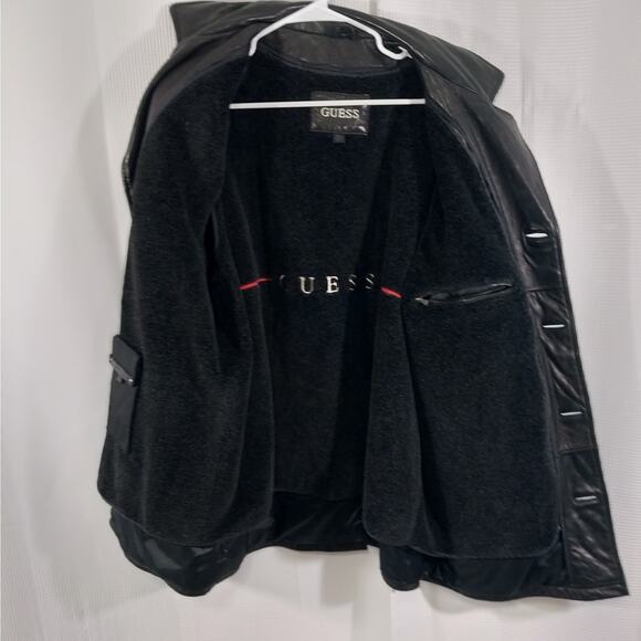 GUESS! STUNNING HOT BLACK GENUINE LEATHER STADIUM LENGTH COAT, JACKET! SZ L - Picture 4 of 12